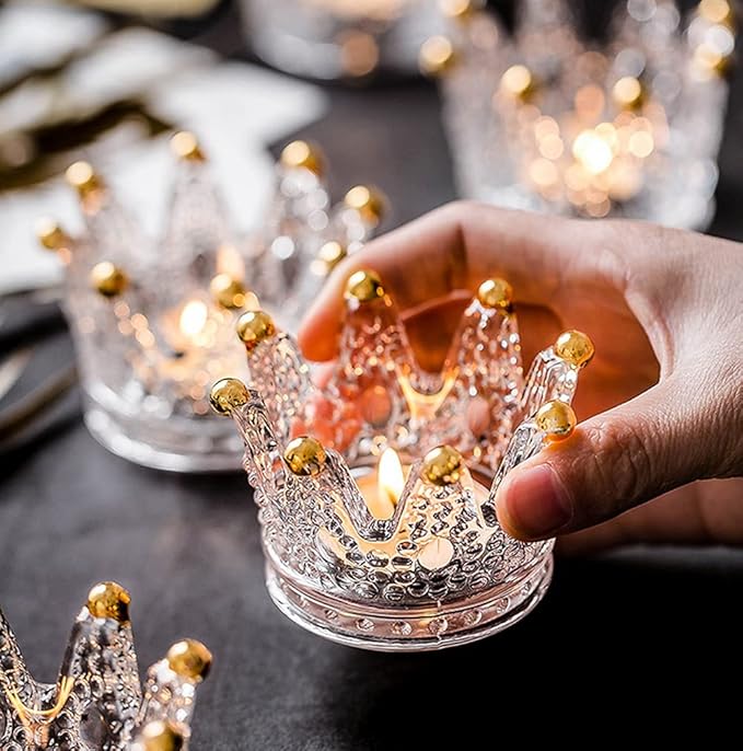 Vixdonos Crown Glass Tealight Candle Holder Set of 12 Votive Candle Holders for Wedding, Party and Home Decor (Gold Tips)