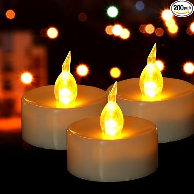 Battery Operated Tea Light Candles:200 Pack Flameless LED Realistic Flickering Candles 200+ Hours Electric Fake Candle in Warm Yellow Ideal for Party, Wedding, Birthday, Gifts and Home Decoration