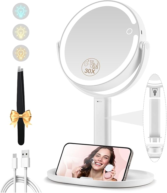 Makeup Mirror with Lights, Double Sided 1x/30x Magnifying Mirror with Light, Rechargeable 3 Color Lights and Adjustable Brightness, 360° Rotation Detachable Comes with Tweezer(White)