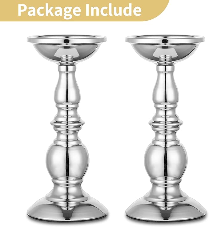 Nuptio Silver Pillar Candle Holders, Wedding Centerpieces Metal Candle Holder for 3 inches Candles Stand Decoration Ideal for Weddings Special Events Parties Living Room, 2 Pcs