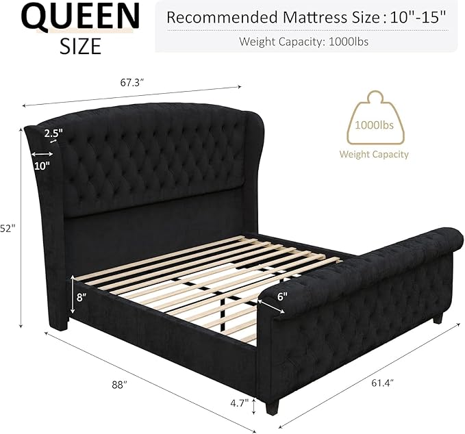 AMERLIFE Queen Size Platform Bed Frame, Velvet Upholstered Sleigh Bed with Scroll Wingback Headboard Footboard/Button Tufted/No Box Spring Required/Easy Assembly/Black