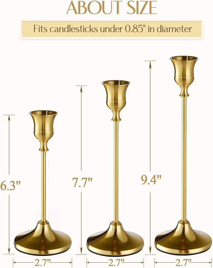 Gold Candlestick Holders, Taper Candle Holders, Set of 6 Brass Candle Holder Set, Vintage Table Centerpiece for Wedding Christmas Holiday