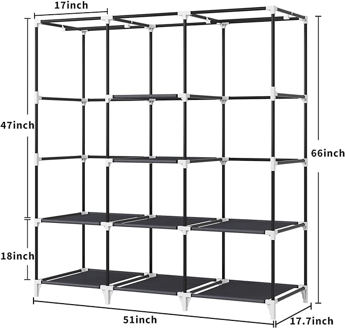 Portable Closet, 51 Inch Wardrobe Closet for Hanging Clothes with 2 Hanging Rods, 8 Storage Organizer Shelves for Bedroom, Durable and Easy to Assemble, Grey