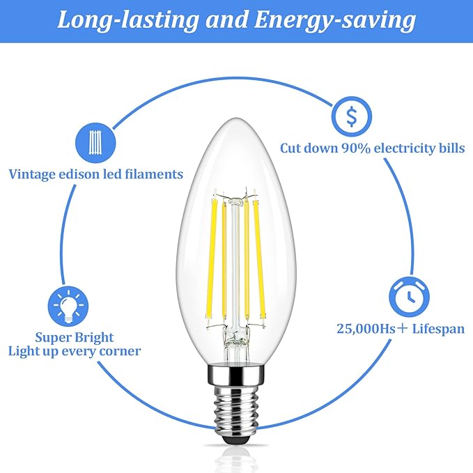 Brightever E12 Candelabra LED Light Bulbs 60 Watt Equivalent, 620 Lumen 6W C32 B11 Clear LED Filament Candle Bulbs, Dimmable Daylight White 5000K Chandelier Light Bulbs for Ceiling Fan, Pack of 5