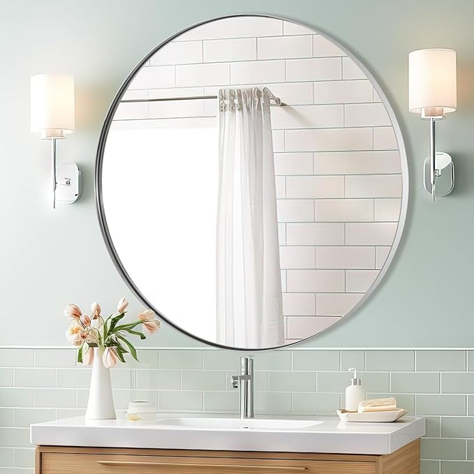 ANDY STAR Round Bathroom Mirror, 24’’ Polished Chrome Round Bathroom Mirrors in Stainless Steel Metal Frame 1" Deep Set Design 7