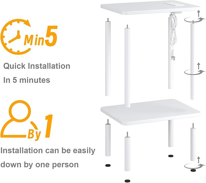 Apicizon 2 Tier End Table Set of 2, Small Side Table with Charging Station, Boho Bedside Table with USB Ports and Outlets, Nightstand for Small Spaces, Bedroom, Living Room, Easy Assembly, White