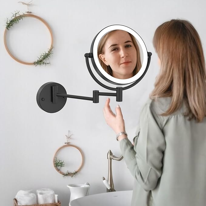 8" Wall Mounted Lighted Makeup Vanity Mirror with 3 Color Lights Stepless Dimming, 1X/10X Magnifying LED 2-Sided Bathroom Touch Sensor Extendable Arm 360 Swivel Shaving Mirror Hardwired, Matte Black