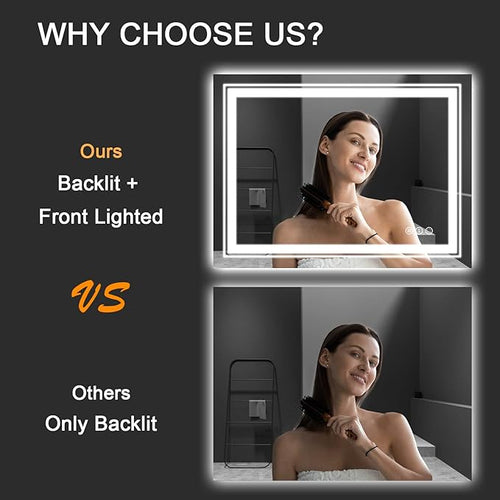 27.6" x 19.7" LED Bathroom Mirror with Lights, Front and Backlit Mirror, Anti-Fog Lighted Vanity Mirror, Stepless Dimmable, 3 Colors LED Mirror (Horizontal/Vertical)