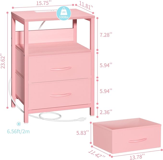 Yoobure Nightstand with Charging Station, LED Night Stand with Fabric Drawers and Storage Shelf for Bedroom, Nightstands Bedside Tables with USB Ports & Outlets, Small Night Stands, Bed Side Table