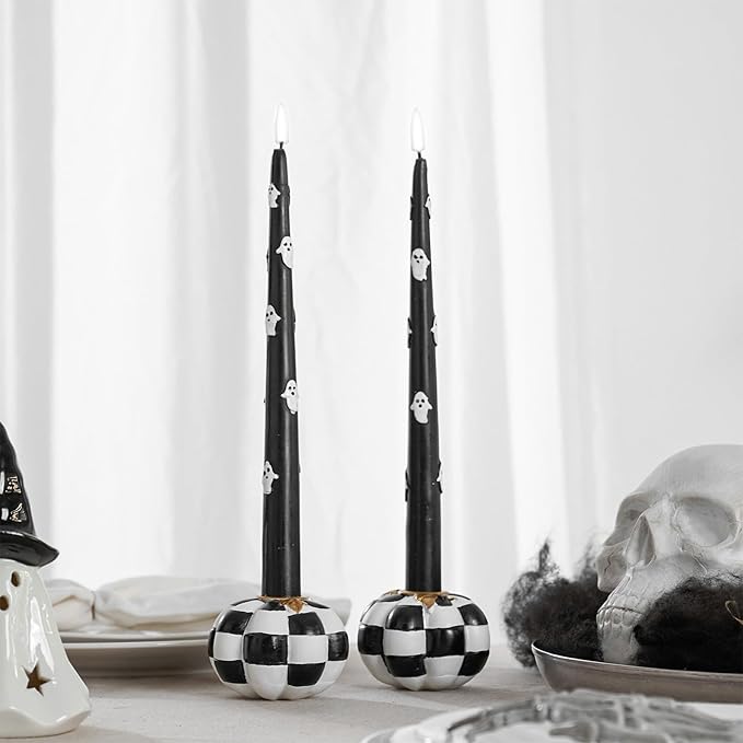 WDS WONDROUS Pumpkin Candle Holders Set of 2 Black & White, Fall & Halloween Thanksgiving Decor, Pumpkins Candlestick Holders for Centerpiece, Checkered Pumpkin Decor, Taper Candle Holders for Table