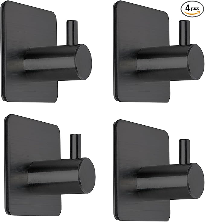 Black Adhesive Towel Hooks Heavy Duty Stick on Wall Hooks Shower Hooks for Bathroom Kitchen Door-4 Packs