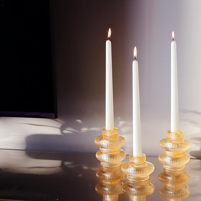 VOHO Champagne Gold Taper Candle Holders for Table Centerpiece, Classic Ribbed Candlestick Holders for Birthday Party Wedding Decor, Versatile Glass Candle Holder for Tealights/Taper Candles(Set of 6)