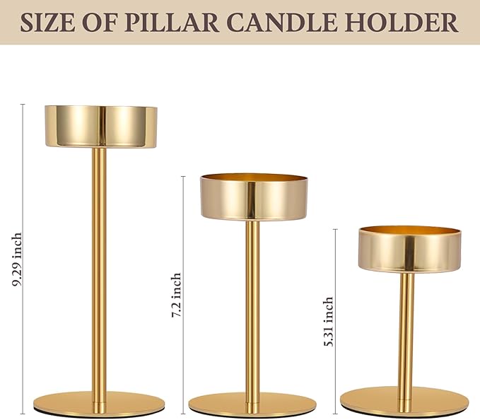 Pillar Candle Holders Set of 3, 3.15" Diameter Gold Metal Candlestick Holder for Pillar & Flameless Candles. Ideal Decoration for Table,Fireplace,Living,Dining Room,Perfect for Wedding,House Gift.