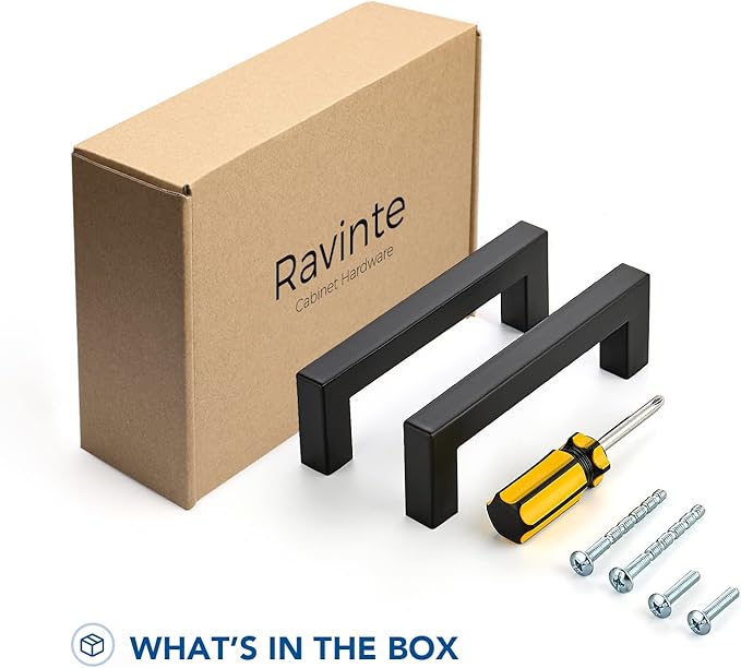 Ravinte 15 Pack Black Cabinet Pulls 3-3/4 Inch Square Kitchen Cabinet Handles Matte Black Kitchen Hardware for Drawer Pulls Drawer Handles Come with Screwdriver