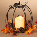One Holiday Way 12-Inch Black Metal Pumpkin Candle Holder with LED Candle, Timer and Fall Leaves - Decorative Rustic Dining Table Centerpiece - Thanksgiving Halloween Harvest Autumn Wedding Home Decor