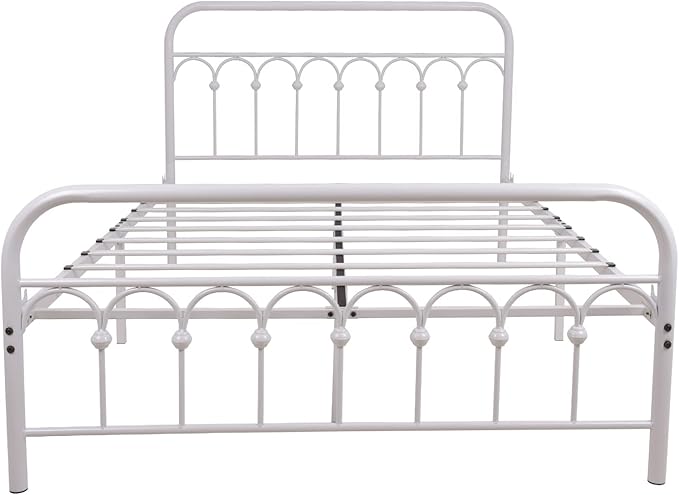 TUSEER Metal Bed Frame Full Size with Vintage Headboard and Footboard Platform Base Wrought Iron Bed Frame (Full, White)