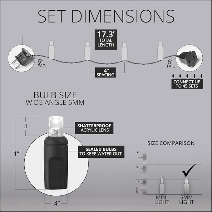 Wintergreen Lighting 50 Count LED Warm White Christmas Lights, 17 ft Green Wire Indoor/Outdoor Commercial Grade 5mm Wide Angle Mini String