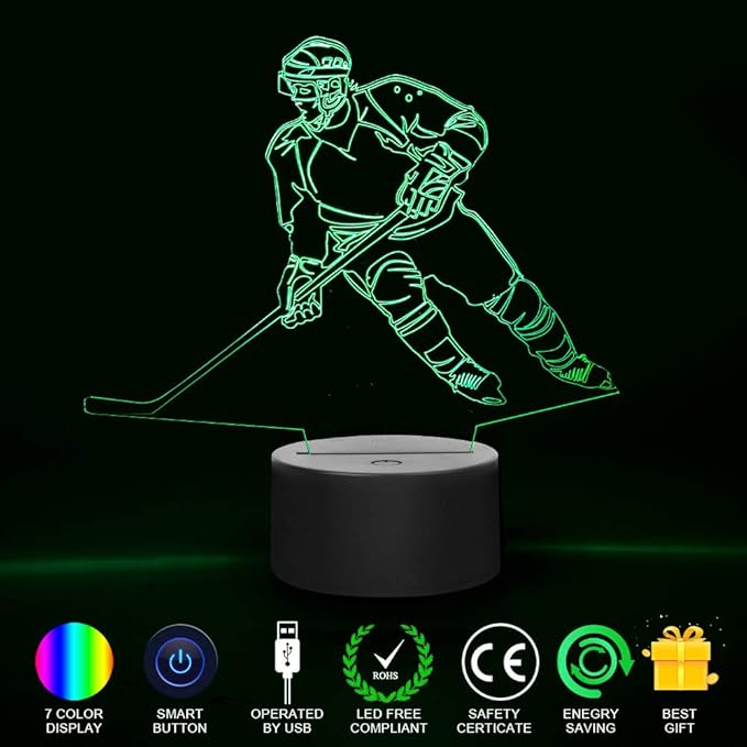 Hockey Player 3D Lamp Night Lights for Kids 7 LED Color Changing Touch Table Desk Lamps Lighting Cool Toys Gifts Birthday Xmas Decoration for Sports Hockey Fan