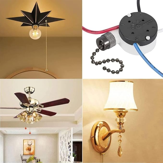2PS Ceiling Fan Switch Zing Ear ZE-208s E89885 3 Speed 4 Wire Pull Chain Switch Fan Light Switch Replacement Part With 4 Pre-Installed Wires(Black Chain)