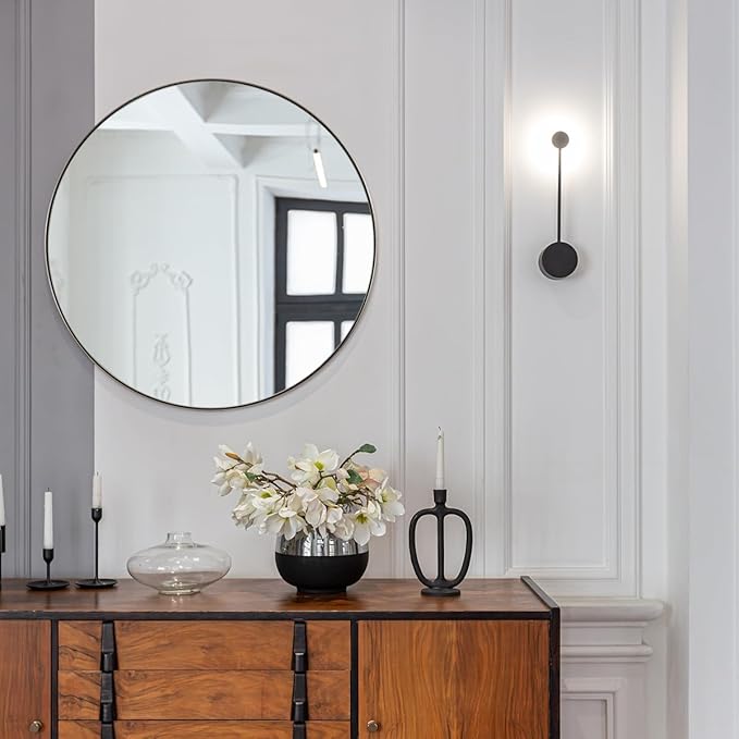 ANDY STAR 36" Chrome Round Mirror, Round Chrome Mirror, Polished Silver Large Vanity Mirror Metal Framed for Living Room, Dining Room, Fireplace