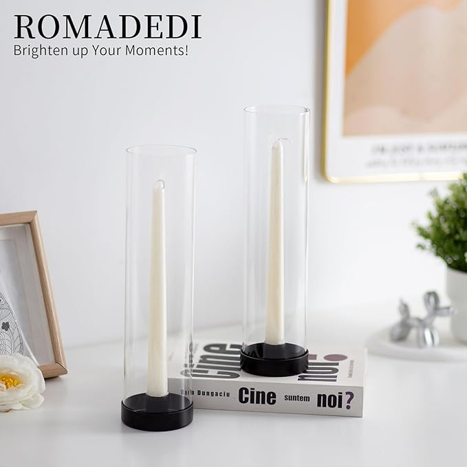 Romadedi Glass Hurricane Candle Holders Black - 12 Inch Taper Candlestick Holder Bulk Clear Glass Cylinder Table Centerpiece Wedding Decor Party Birthday Christmas Home Decorations, Set of 10