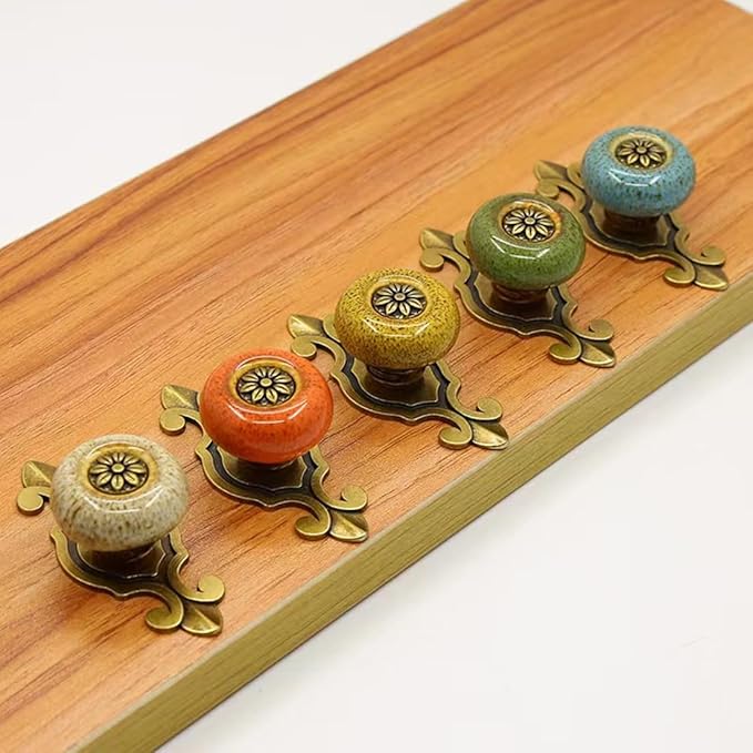 10 Pack Retro Ceramic Knobs,Vintage Dresser Kitchen Petal Cabinet Pulls Rustic Zinc Alloy Base Back Plate Kid Cupboard Wardrobe Drawer Door Handles (Leopard Print Orange)
