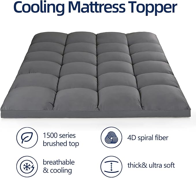 Mattress Topper Full XL for Back Pain, Extra Thick Mattress Pad Cover, Plush Pillow Top, Deep Elastic Pocket, Grey