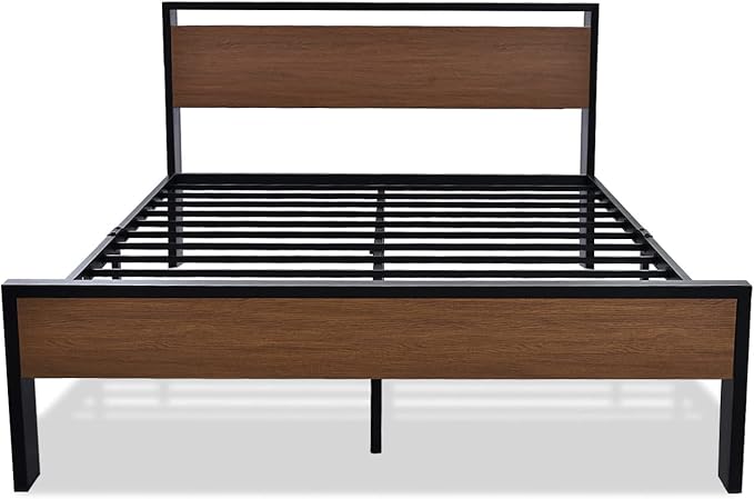 SHA CERLIN 14 Inch Queen Size Metal Platform Bed Frame with Wooden Headboard and Footboard, Mattress Foundation, No Box Spring Needed, Large Under Bed Storage, Non-Slip Without Noise, Walnut