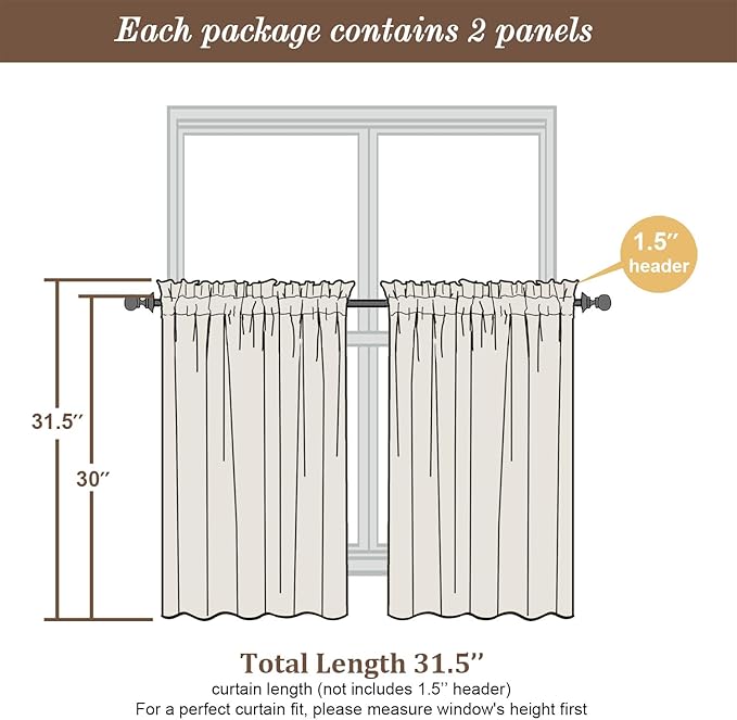 Chyhomenyc Taupe Sheer Curtains 30 inch Length 2 Panels, Light Filtering Voile Rod Pocket Short Window Curtians for Bathroom Living Room Farmhouse Small Windows, 42Wx30L inches