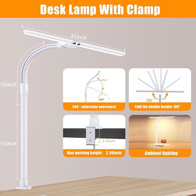 Led Desk Lamp for Home Office,24W Bright Eye-Caring Desk Light with Clamp,5 brightness and 5 temperatures Dimmable Workbench Task Light, Adjustable Gooseneck Table Lamp for Monitor Study(white)