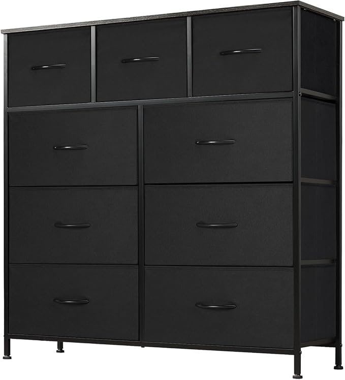 DUMOS Dresser for Bedroom, Storage Organizer with 9 Drawers, Chest of Drawers with Fabric Bins, Sturdy Metal Frame, Wood Tabletop for Guest Room, Closet, Entryway, Nursery