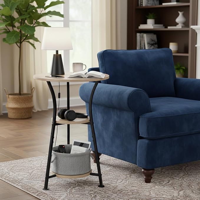 Dulcii Round Side Table for Narrow and Small Spaces,3 Tier Small Round End Table Sofa Side Table for Living Room,Small Bedside Table Round Nightstand for Bedroom