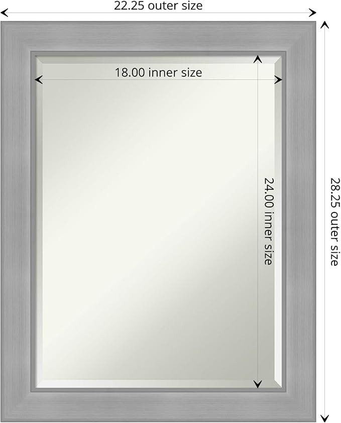 Amanti Art Silver Bathroom Mirror for Over Sink, 28x22 Vista Brushed Nickel Rectangle Vanity Mirror, Medium Casual Frame, Hangs Horizonally and Vertically, Bathroom Wall Decor, Beveled Edge