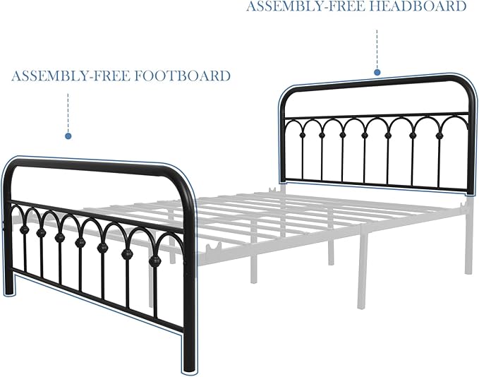 YALAXON Vintage Sturdy Full Size Metal Bed Frame Basic with Headboard and Footboard,No Box Spring Needed,Under Bed Storage (Full,Black)