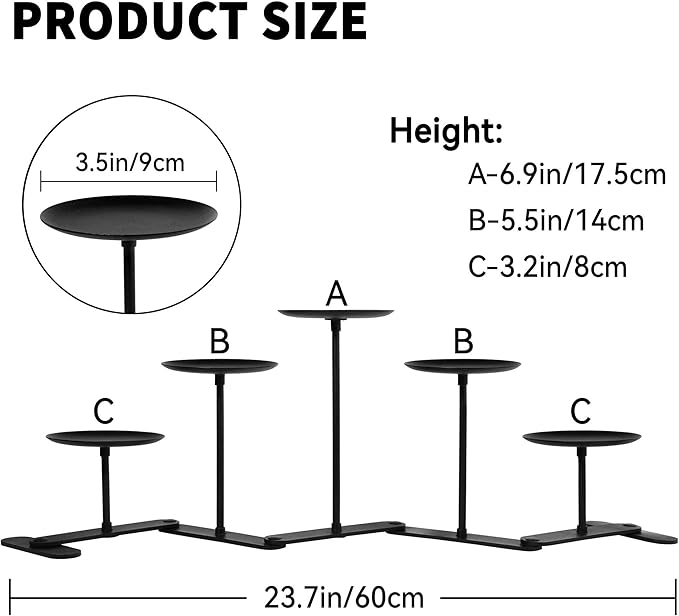 Adjustable Candelabra Candle Holder: 5 Candle Iron Candelabra Fireplace Candle Holder for Pillar Candles, Black