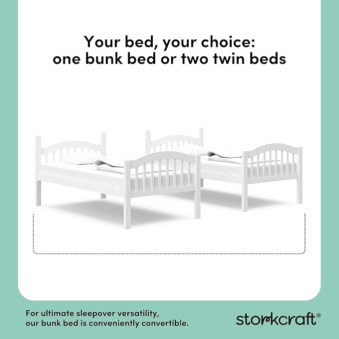 Storkcraft Long Horn Twin-Over-Twin Bunk Bed (White) - GREENGUARD Gold Certified, Converts to 2 Individual Twin Beds