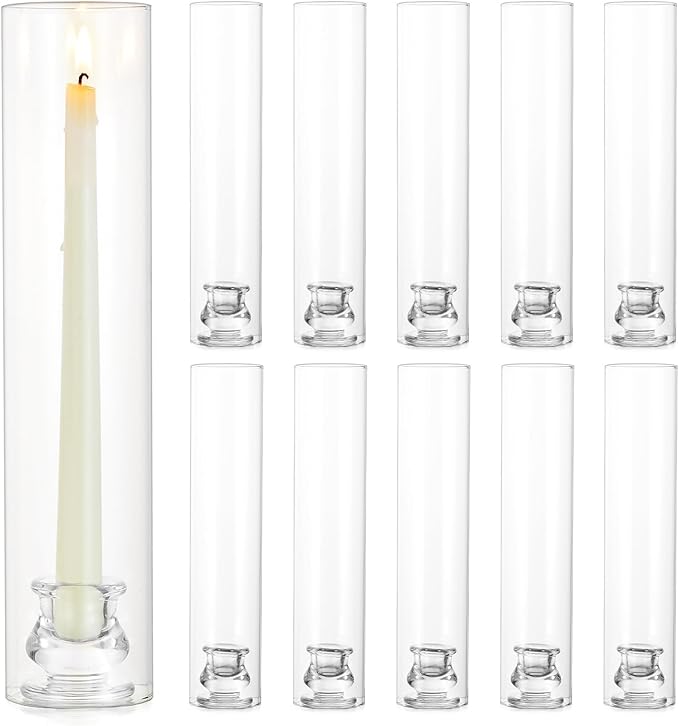Glass Hurricane Candle Holder: 12" Tall Candlestick Holder Bulk with Cylinder Windproof Cover Set of 10 Clear Taper Candle Holders for Wedding Party Birthday Christmas Decor
