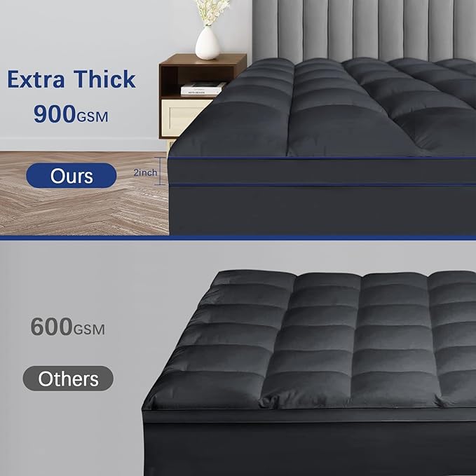 CYMULA Full XL Mattress Topper, Grey Cooling Mattress Pad Cover, Extra Thick Pillow Top Mattress Topper with 8-21 Inch Elasticated Deep Pockets, Plush Down Alternative Fill Mattress Protector