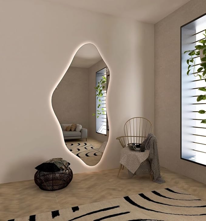 Asymmetrical Bathroom LED Mirror, Modern Irregular Shape Wall Mirror with LED Lights, Frameless Aesthetic Backlit LED Illimunated Vanity Mirror (55" x 27" inc)