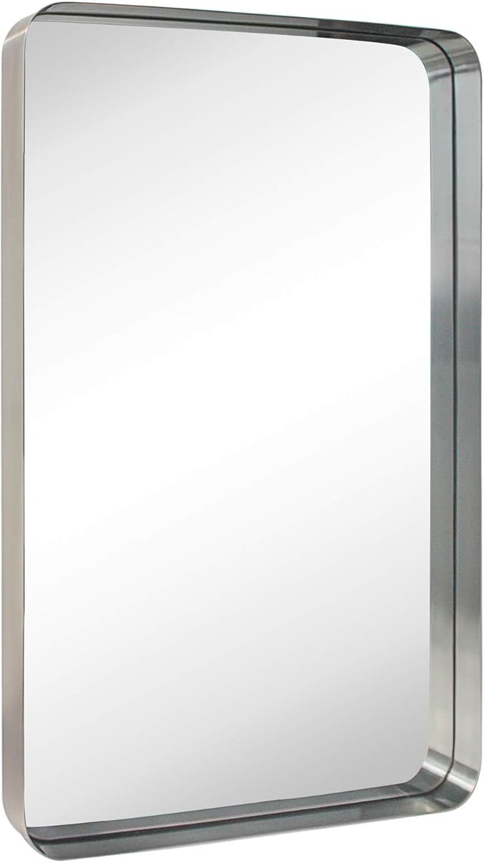 TEHOME 24x36 inch Brushed Nickel Silver Metal Framed Bathroom Mirror for Wall in Stainless Steel Silver Rounded Rectangular Bathroom Vanity Mirrors Wall Mounted…