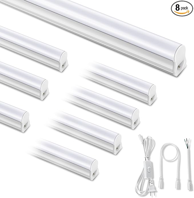 (8 Pack) Upgraded 4FT T5 LED Integrated Fixture, 6500K,20W,2300LM(Super Bright White) Linkable LED Shop Light,Garage Ceiling and Cabinet Light,Strip Light,Corded Electric with ON/Off Switch