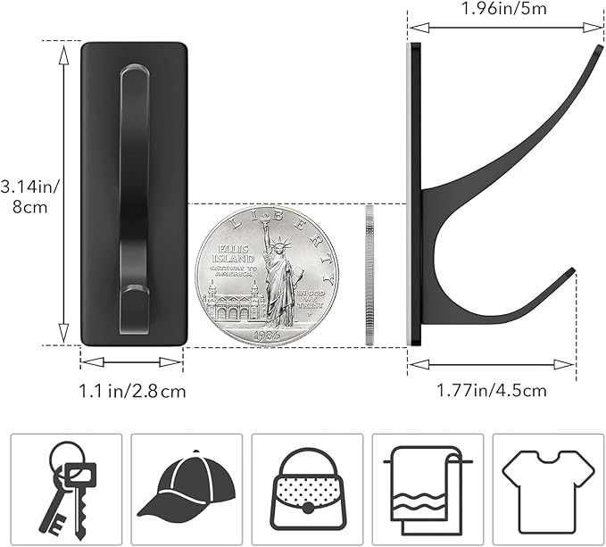 pickpiff Self Adhesive Coat Hooks for Hanging: Heavy Duty Stainless Wall Hook for Towel, Backpack, Hat, Sturdy Metal Hanger for Bathroom, Bedroom, Door, 4-Pack, Matt Black