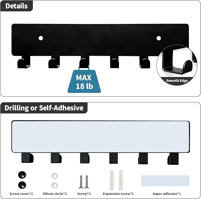 GTK Key Holder for Wall, Key Hooks with 6 Hooks, Wall Mounted Key Holder for Hallway, Self Adhesive Key Rack(Black)