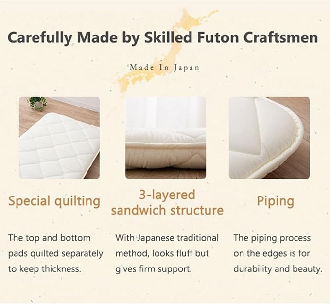 EMOOR Japanese Futon Mattress CLASSE Small-Twin Made in Japan White, Foldable Floor Sleeping Bed Tatami Mat