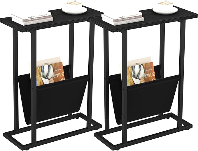 Yusong Narrow Side Table for Small Spaces, Small End Table Set of 2 with Magazine Holder, Skinny Slim Little Thin Table for Living Room, Bedroom, Sofa, Black Oak