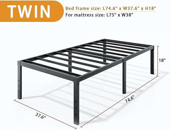 Metal Bed Frame Twin Size - 18 Inch Heavy-Duty Twin Platform Bed Frame No Box Spring Needed, Easy Assembly, Noise-Free, Sturdy Mattress Foundation, Underbed Storage Space
