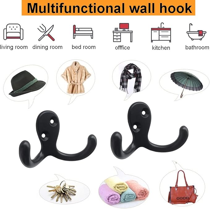Coat Hooks Hardware,20 Pcs Wall Hooks Heavy Duty Hooks for Hanging Coats Double No Rust Hook Wall Mounted for Key, Towel, Bags, Cup, Hat (20pcs Black)