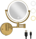 8" Wall Mounted Lighted Makeup Mirror with Magnification Rechargeable, 1X/10X Double Sided, 3 Color Lighting Touch Dimmable 360 Swivel Extendable Arm Vanity Shaving Mirror, Brushed Moderne Brass
