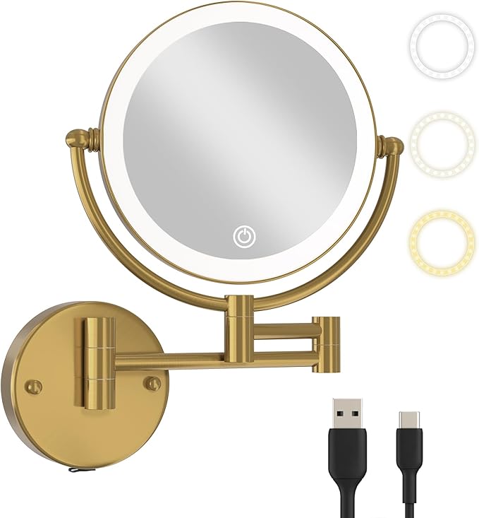 8" Wall Mounted Lighted Makeup Mirror with Magnification Rechargeable, 1X/10X Double Sided, 3 Color Lighting Touch Dimmable 360 Swivel Extendable Arm Vanity Shaving Mirror, Brushed Moderne Brass
