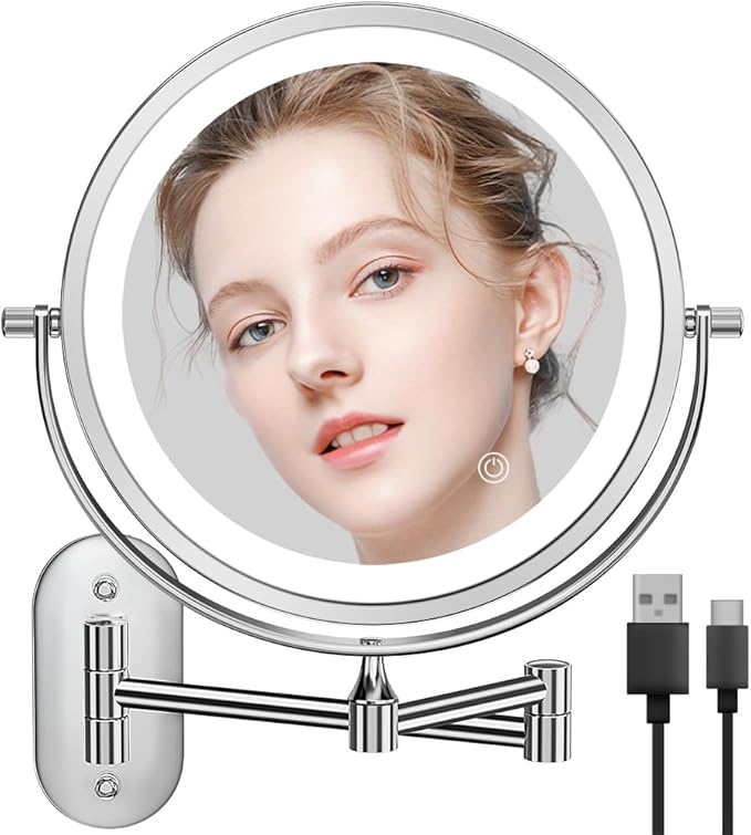 Auxmir Rechargeable Wall Mounted Lighted Makeup Mirror, 8" Double Sided 1X/10X Magnifying Vanity Mirror, 3 Color Lights Touch Dimmable Bathroom Cosmetic with 360° Swivel 13 Inch Extendable Arm, Chrome